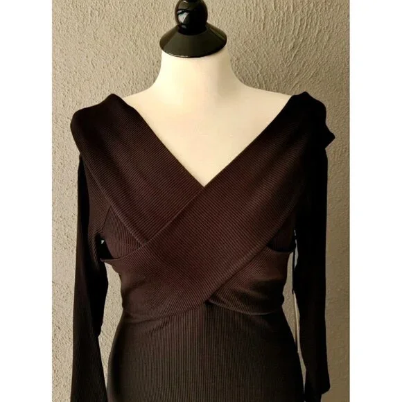 NWT L'Agence Black Fantina Dress Rib Knit Off The Shoulder in Size L